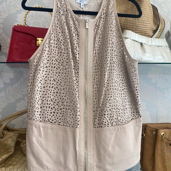 ARMANI COLLEZIONI Beige Sleeveless Sheer/Cut Out Leather Vest